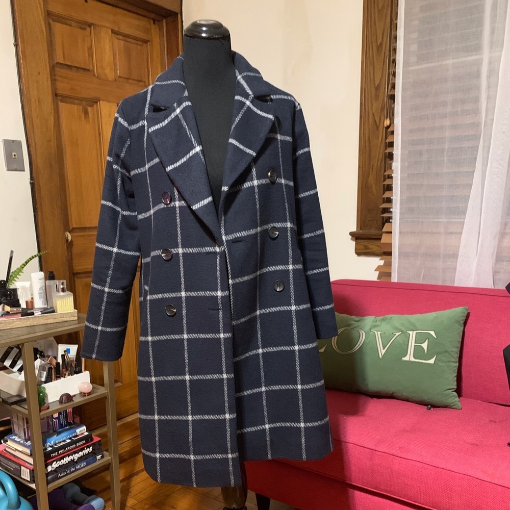 M Elodie Navy Blue Plaid Check Coat